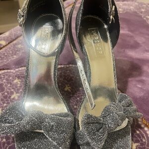 Topshop Silver Glitter Bow Ankle-Strap Heels